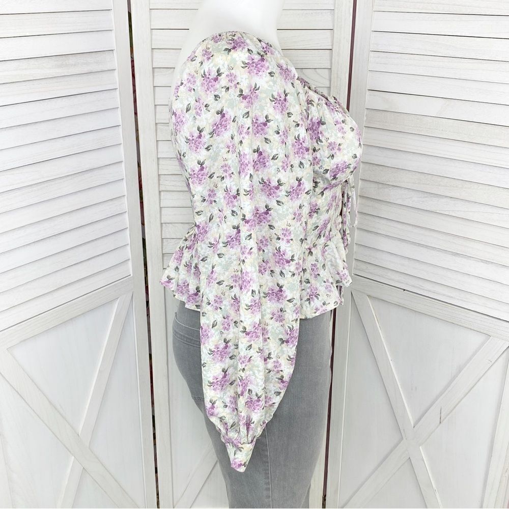 Bacio Floral Tie Front Puff Sleeve Crop Blouse White Purple Large - Picture 3 of 12